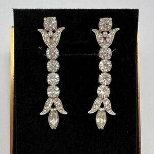 Vintage Eisenberg Rhinestone Earrings Clip On Long Script E 1940s Signed